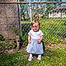 toddler, child, girl, outdoor, sunlight, grass, dandelion, chain_link_fence, wooden_post, dress, white_top, sandals, socks, blue_skirt, smile, nature, daytime, house, trees, plants