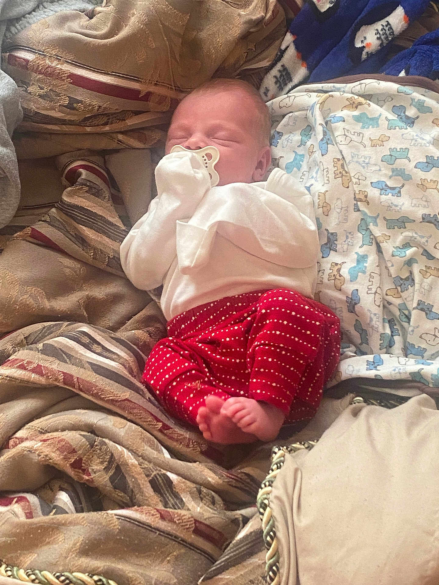 Brad joined the competition — help win amazing prizes! baby, newborn, sleeping, pacifier, blanket, pillow, red_pants, white_shirt, foot, indoor, cozy, patterned_blanket, infant, resting, cute, child, soft_lighting, portrait, comfort, peaceful