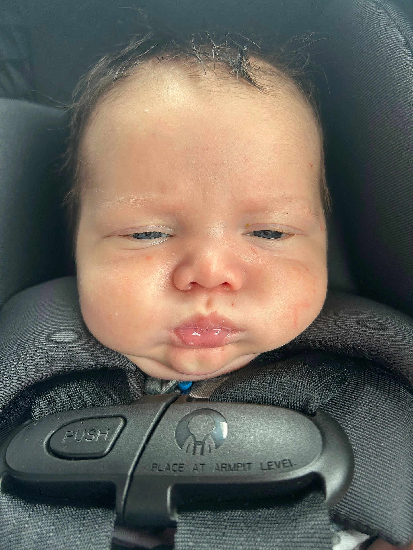 Koelson is registered to the contest to win money with this photo: baby, infant, face, car_seat, harness, straps, pout, chubby_cheeks, black, closeup, child, person, seatbelt, safety, expression, cute, young, head, indoors, portrait
