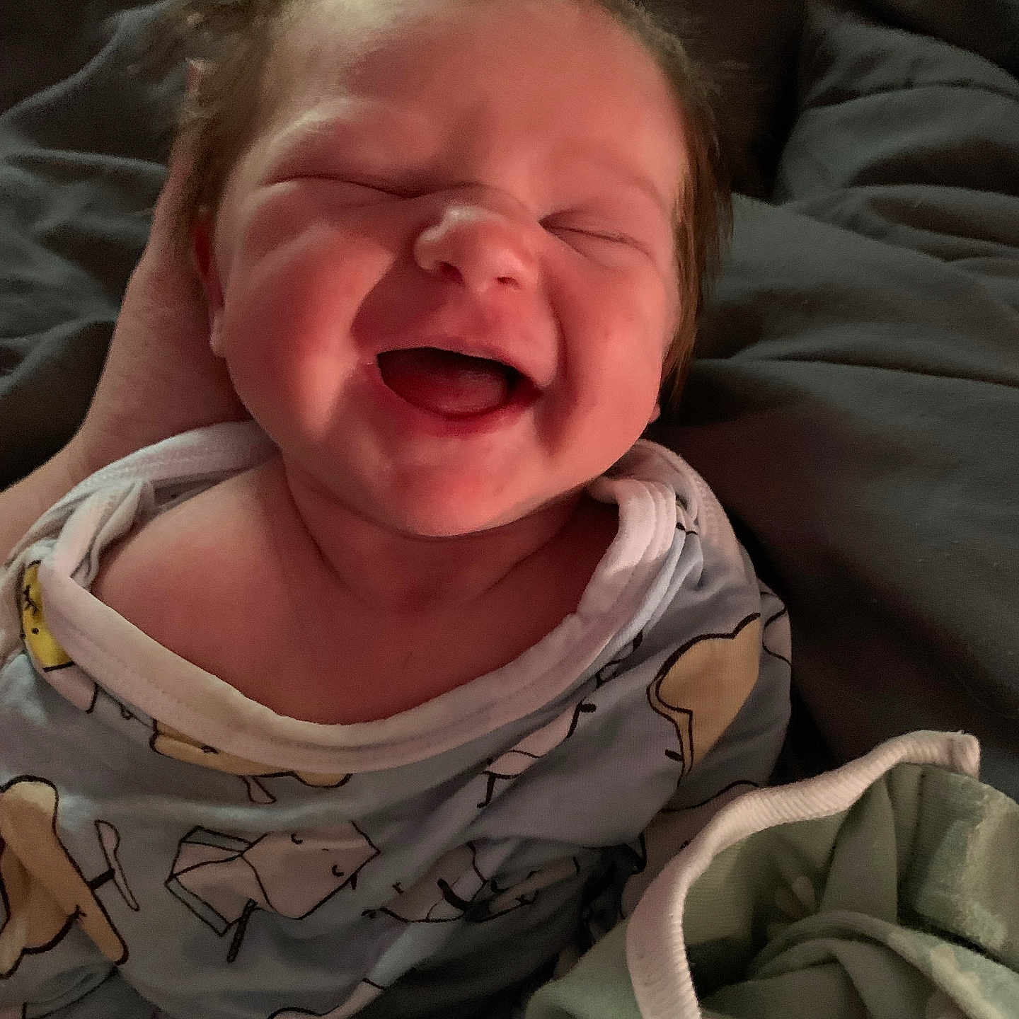 Lola Grace joined the competition — help win amazing prizes! baby, infant, smiling, laughing, pajamas, blanket, cozy, indoors, cute, child, face, happy, newborn, person, sleepwear, soft_light, portrait, hand, comfort, warm