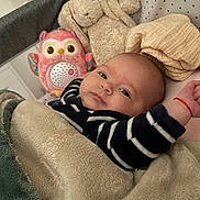 Romy participe au concours pour gagner de l'argent avec cette photo : baby, blanket, crib, plush_toy, stuffed_animal, owl_toy, bunny_toy, infant, sleeping_area, soft_textile, child, person, cozy, indoor, cute, resting, closeup, face, wearing_clothes, striped_clothing