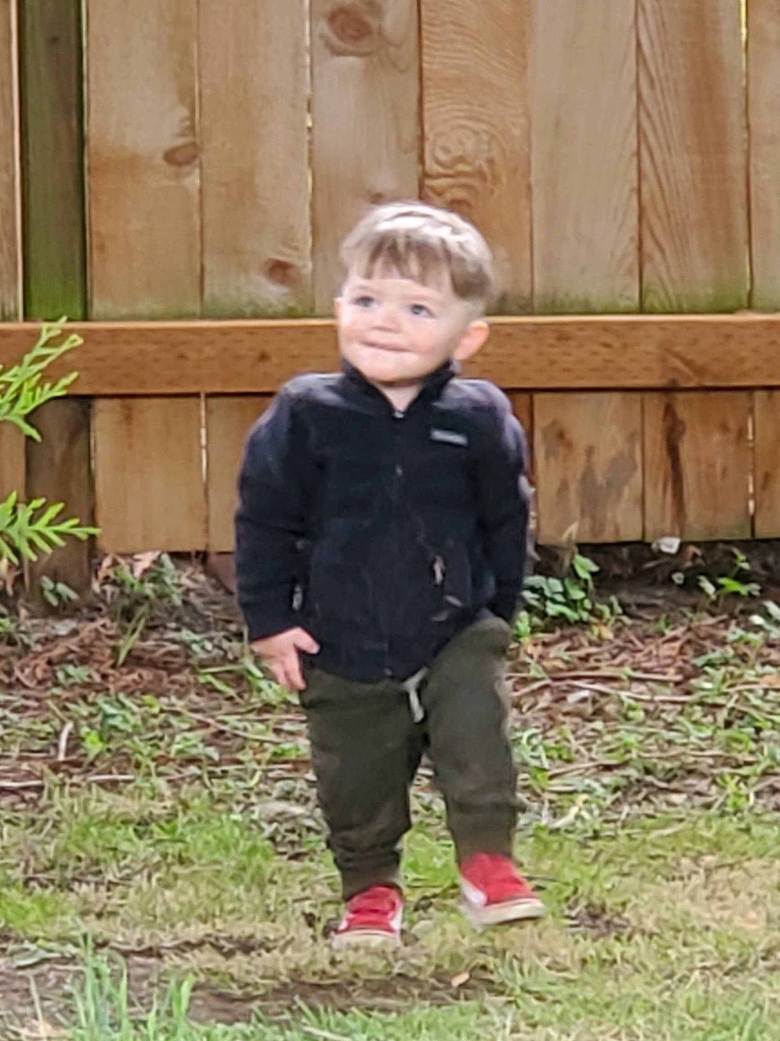 Carsyn is registered to the contest to win money with this photo: child, grass, person, play, standing, toddler, wood