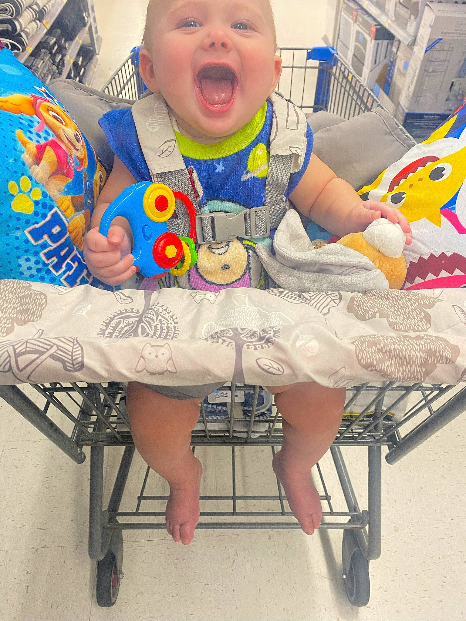 Cayson joined the competition — help win amazing prizes! baby, baby_products, baby_toddler_clothing, blue, child, event, fun, hairstyle, happy, leisure, pattern, person, room, sitting, sleeve, smile, t_shirt, textile, toddler, white