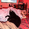 black_cat, cat, sleeping, blanket, bed, red_lighting, microphone, tv, shelf, room, interior, cozy, furniture, curled_up, resting, soft_texture, decor, electronics, warm_light, indoor