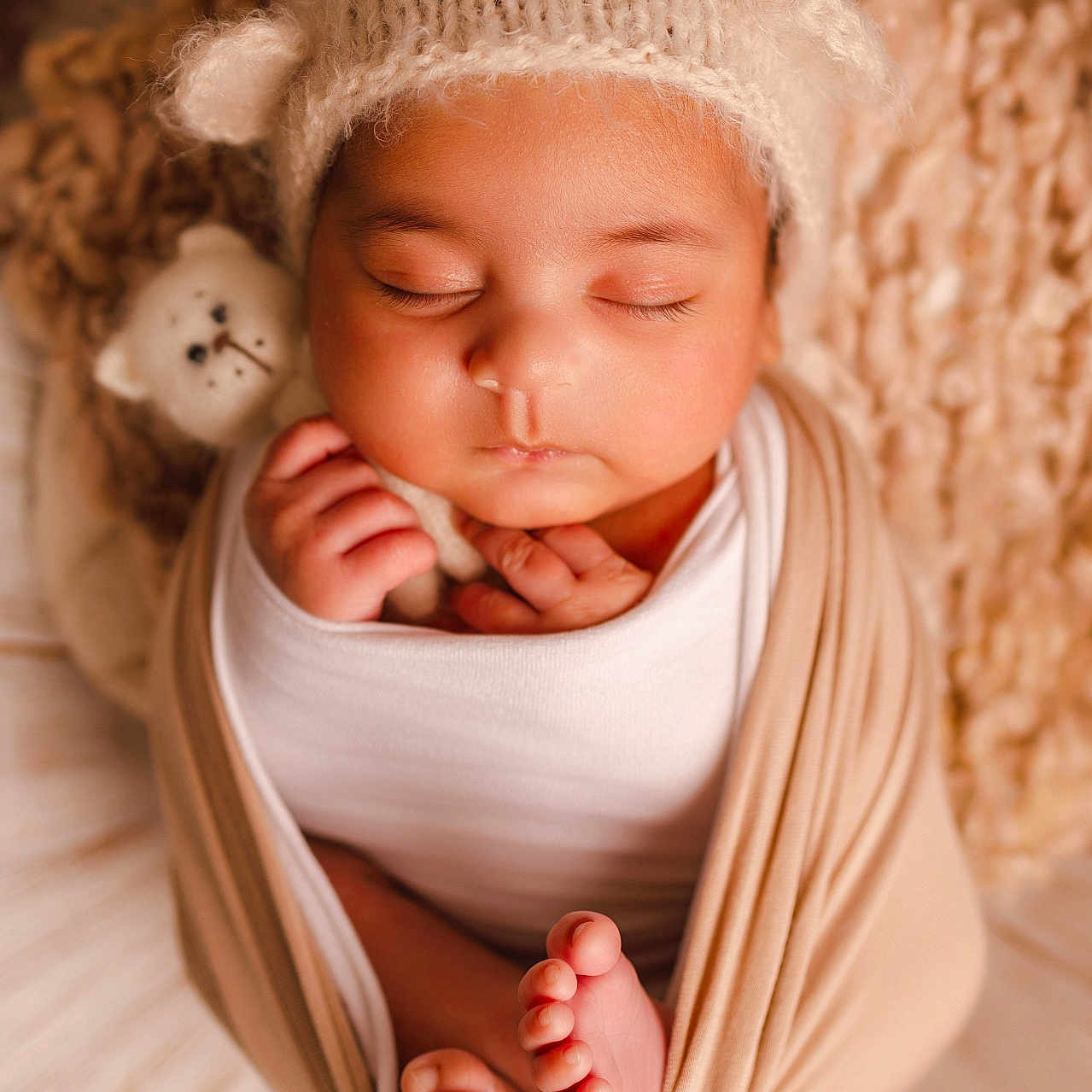 Cyrus is registered to the contest to win money with this photo: baby, child, closeup, cozy, cute, face, hands, hat, infant, knit, newborn, peaceful, portrait, sleeping, soft_lighting, stuffed_animal, swaddled, toes, warm_colors, wrapped