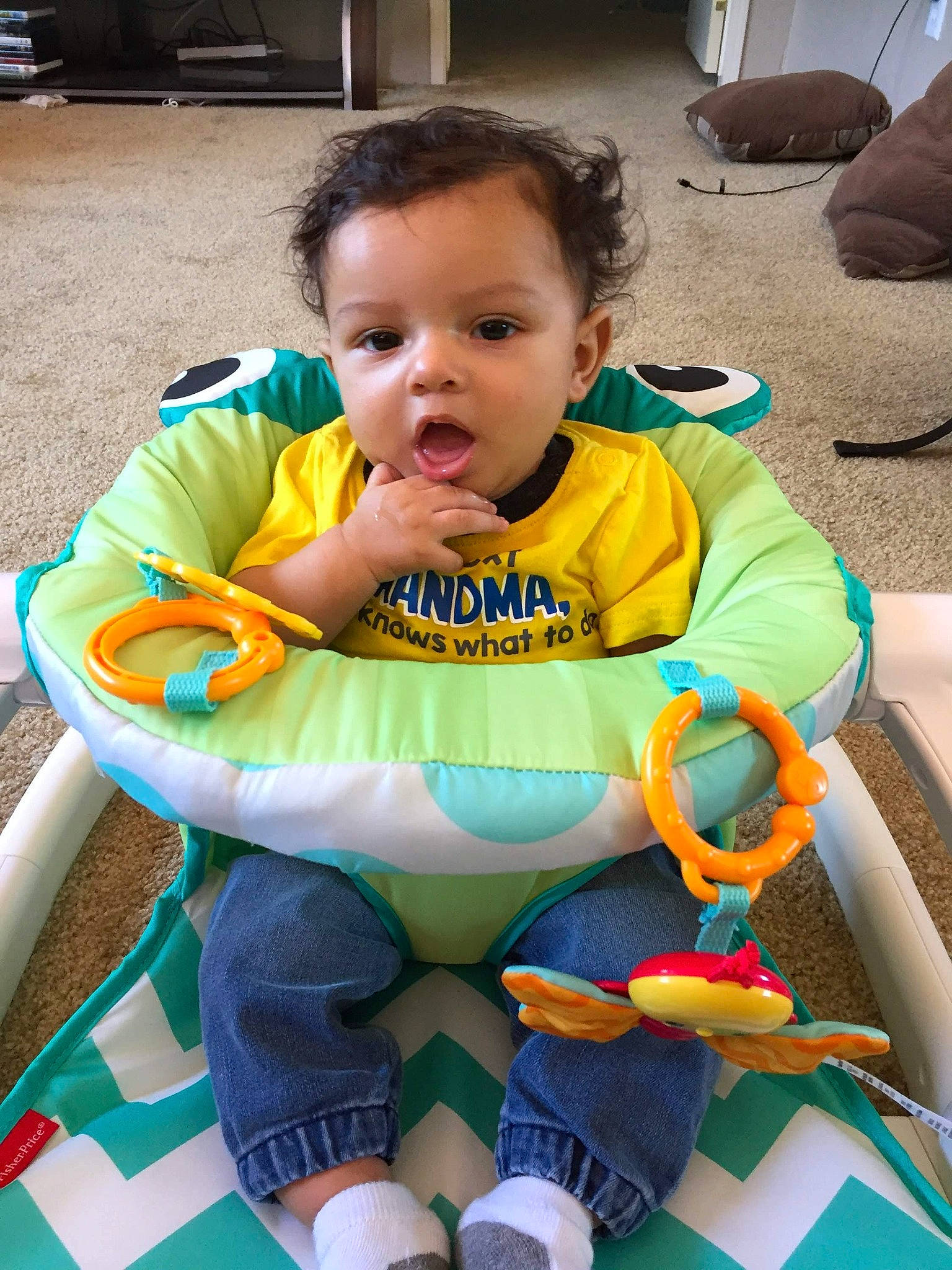 Landen is registered to the contest to win money with this photo: baby, baby_products, child, person, play, product, sitting, skin, smile, surprise, toddler