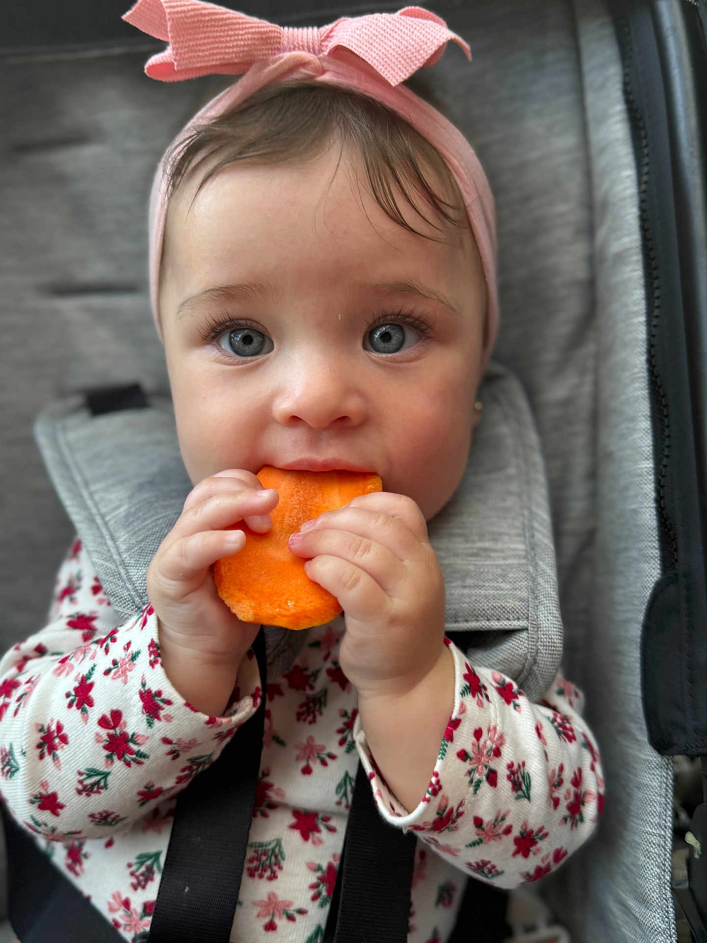 Abby joined the competition — help win amazing prizes! baby, child, carrot, headband, pink, blue_eyes, car_seat, seatbelt, floral_shirt, cute, hands, face, portrait, indoor, closeup, eating, infant, young_child, person, safety