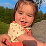 Clara joined the competition — help win amazing prizes! baby, child, smiling, happy, outdoor, nature, trees, sky, sunlight, grass, person, clothing, face, cute, holding, hand, toddler, portrait, casual, daylight