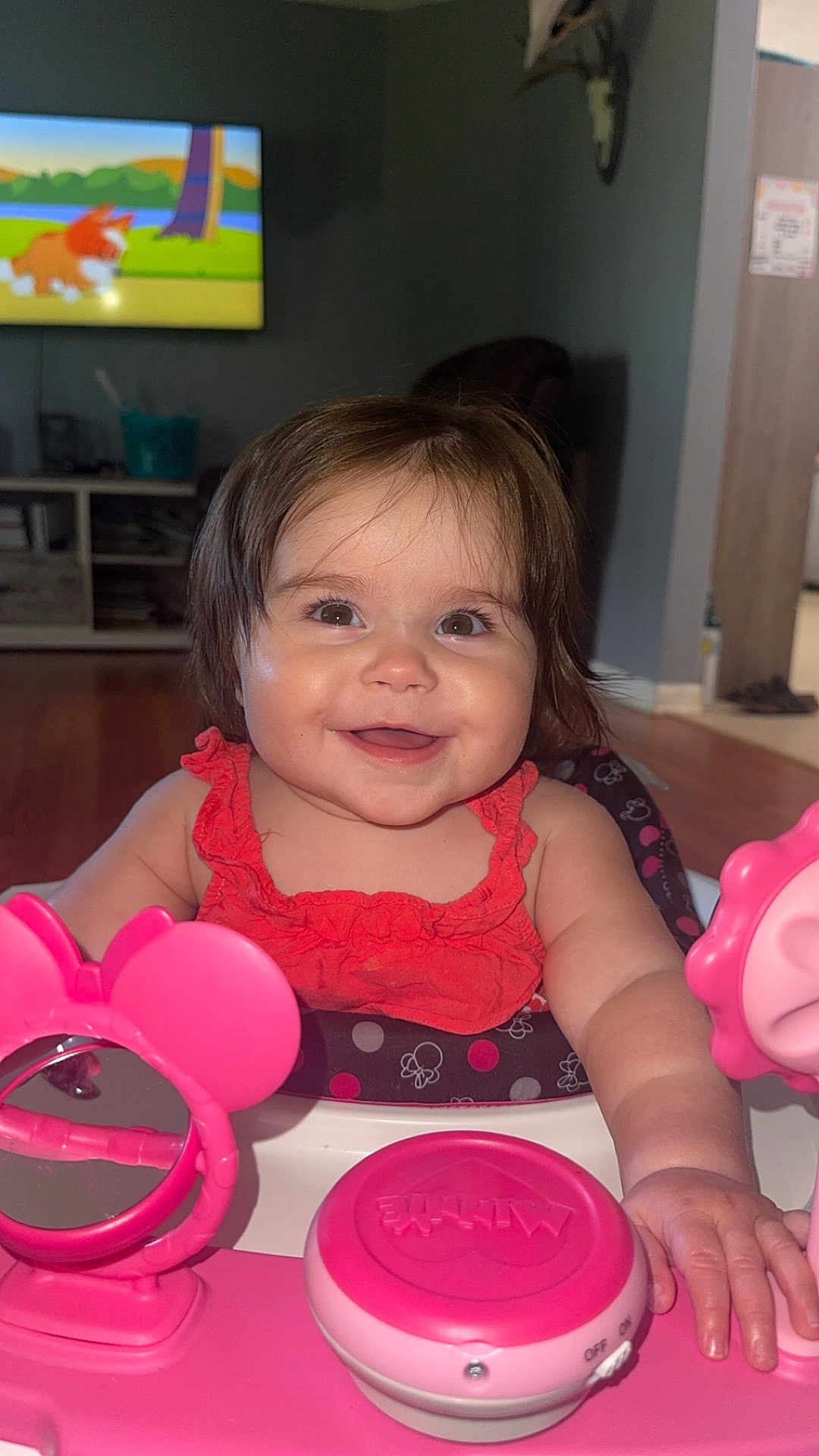 Clara joined the competition — help win amazing prizes! baby, child, smiling, walker, pink_toy, red_clothing, indoor, television, cartoon, floor, happy, person, face, hand, hair, toy, mirror, furniture, living_room, cute