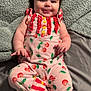 Clara is registered to the contest to win money with this photo: baby, infant, child, cute, smiling, tongue_out, cherry_pattern, pink_clothing, red_ruffles, yellow_buttons, soft_blanket, lying_down, barefoot, happy, indoors, cozy, playful, person, skin, head