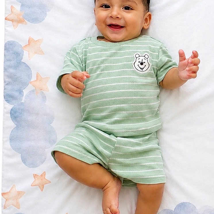 Alejandro is registered to the contest to win money with this photo: baby, smiling, child, striped_clothing, green_outfit, bear_patch, lying_down, blanket, stars, clouds, happy, cute, infant, footwear, red_anklet, portrait, indoors, soft_texture, playful, young