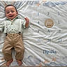 Alejandro joined the competition — help win amazing prizes! baby, child, smiling, suspenders, khaki_pants, plaid_shirt, blanket, stars, clouds, milestone_marker, five_months, happy, infant, lying_down, cute, portrait, indoors, soft_texture, wooden_circle, baby_clothing