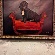 Buddy is registered to the contest to win money with this photo: dog, painting, frame, bench, red_cushion, black_dog, white_patch, ornate, carved_frame, artwork, tablecloth, snowflake_pattern, indoor, portrait, decor, classic, sitting, animal, pet, canvas