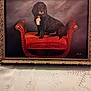 dog, painting, frame, bench, red_cushion, black_dog, white_patch, ornate, carved_frame, artwork, tablecloth, snowflake_pattern, indoor, portrait, decor, classic, sitting, animal, pet, canvas