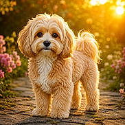 Golden joined the competition — help win amazing prizes! dog, fluffy, golden_hour, sunlight, flowers, cobblestone_path, outdoor, pet, cute, fur, nature, summer, animal, garden, small_dog, adorable, portrait, walking, daylight, friendly