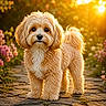 dog, fluffy, golden_hour, sunlight, flowers, cobblestone_path, outdoor, pet, cute, fur, nature, summer, animal, garden, small_dog, adorable, portrait, walking, daylight, friendly