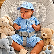 Noah Sotolongo joined the competition — help win amazing prizes! baby, child, plush_toy, stuffed_animal, bunny, elephant, teddy_bear, baby_seat, blue_clothing, cap, footwear, indoor, cute, infant, soft_toys, comfortable, sitting, portrait, adorable, young_child