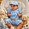 baby, child, plush_toy, stuffed_animal, bunny, elephant, teddy_bear, baby_seat, blue_clothing, cap, footwear, indoor, cute, infant, soft_toys, comfortable, sitting, portrait, adorable, young_child