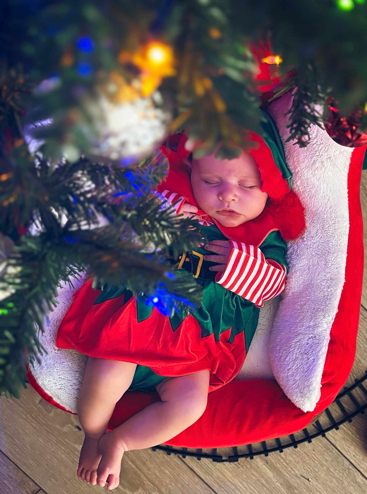 Iylah-Jane is registered to the contest to win money with this photo: baby, sleeping, christmas, elf_costume, holiday, tree, christmas_tree, lights, decorations, red, green, white, cushion, basket, wood_floor, infant, peaceful, festive, child, holiday_season