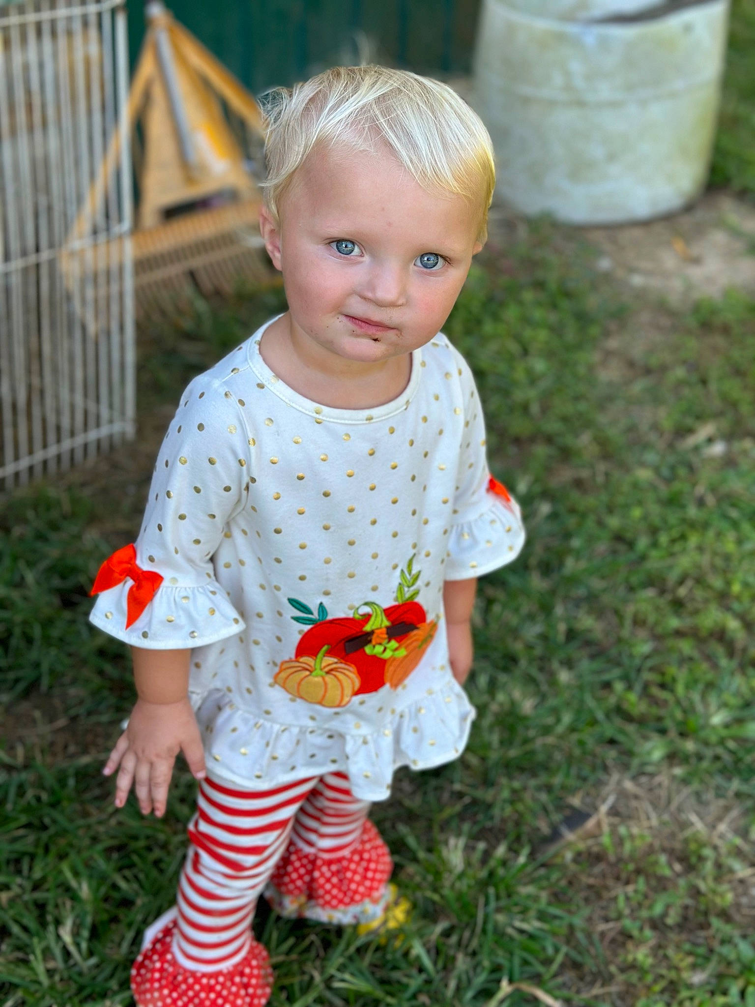 Leia joined the competition — help win amazing prizes! baby, baby_toddler_clothing, child, clothing, eye, face, fun, garden, grass, hair, hairstyle, happy, head, pattern, people_in_nature, person, sitting, skin, sleeve, t_shirt