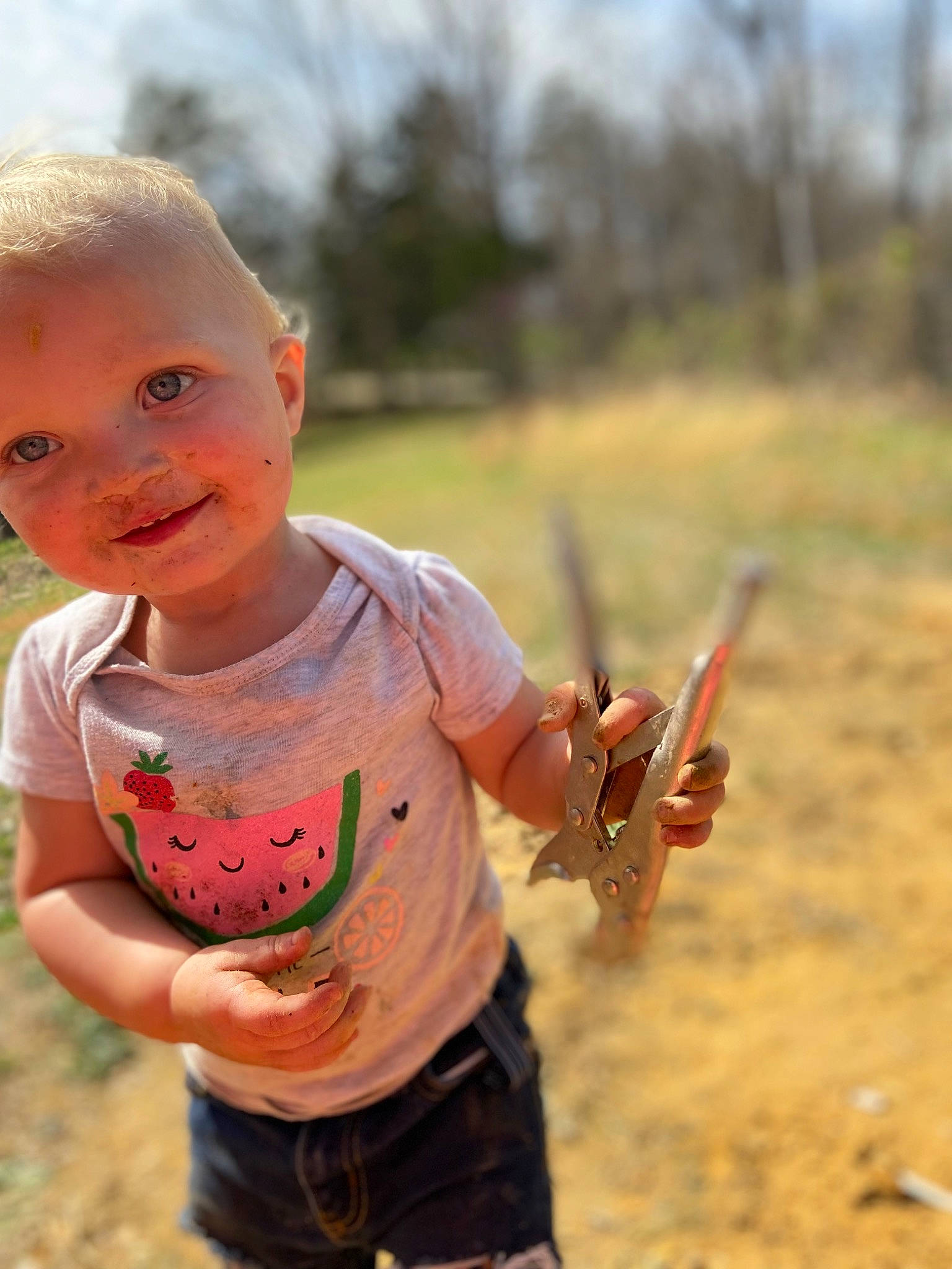 Leia joined the competition — help win amazing prizes! baby, baby_toddler_clothing, child, facial_expression, fun, grass, grassland, happy, landscape, people_in_nature, person, play, recreation, sand, sky, sleeve, smile, soil, t_shirt, thumb