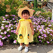 Mia is registered to the contest to win money with this photo: child, toddler, portrait, garden, flowers, hydrangea, impatiens, straw_hat, yellow_dress, gingham, polka_dots, outdoor, sunlight, smiling, standing, paved_path, plants, landscaping, name_overlay, fashion