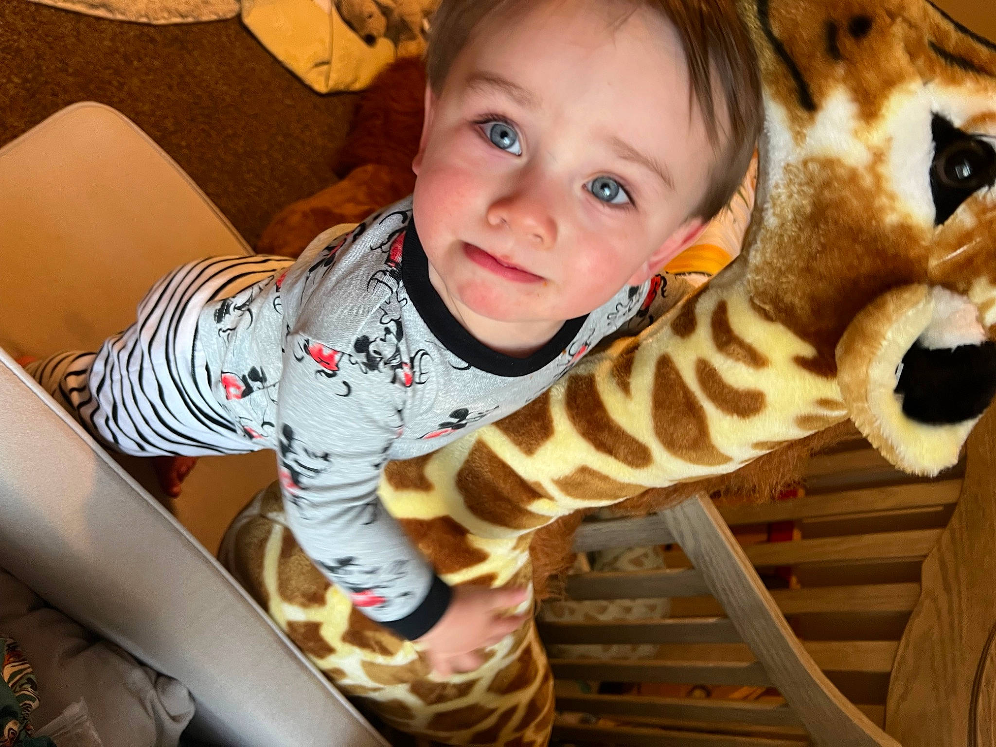 Noah joined the competition — help win amazing prizes! baby, baby_toddler_clothing, child, comfort, eye, face, fawn, fun, giraffe, giraffidae, happy, head, neck, nose, pattern, person, skin, sleeve, terrestrial_animal, toddler