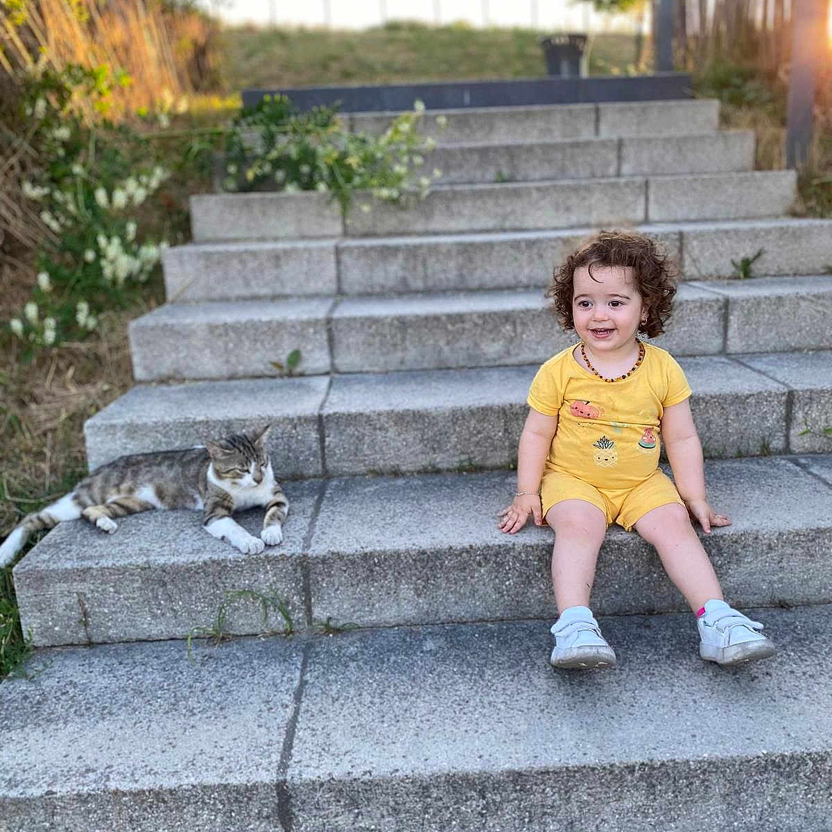 Eva Didar a rejoint le concours — aidez-le/la à gagner de superbes lots ! animal, casual, cat, child, curly_hair, cute, daylight, grass, happy, nature, outdoor, pet, relaxing, sitting, smiling, steps, stone, sunlight, toddler, yellow_clothing