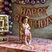 Eva Didar participe au concours pour gagner de l'argent avec cette photo : toddler, child, birthday, balloons, chair, table, sticker_book, party, celebration, decorations, number_balloon, floral_tablecloth, rainbow_pattern, wallpaper, smiling, curly_hair, white_dress, socks, indoor, happy