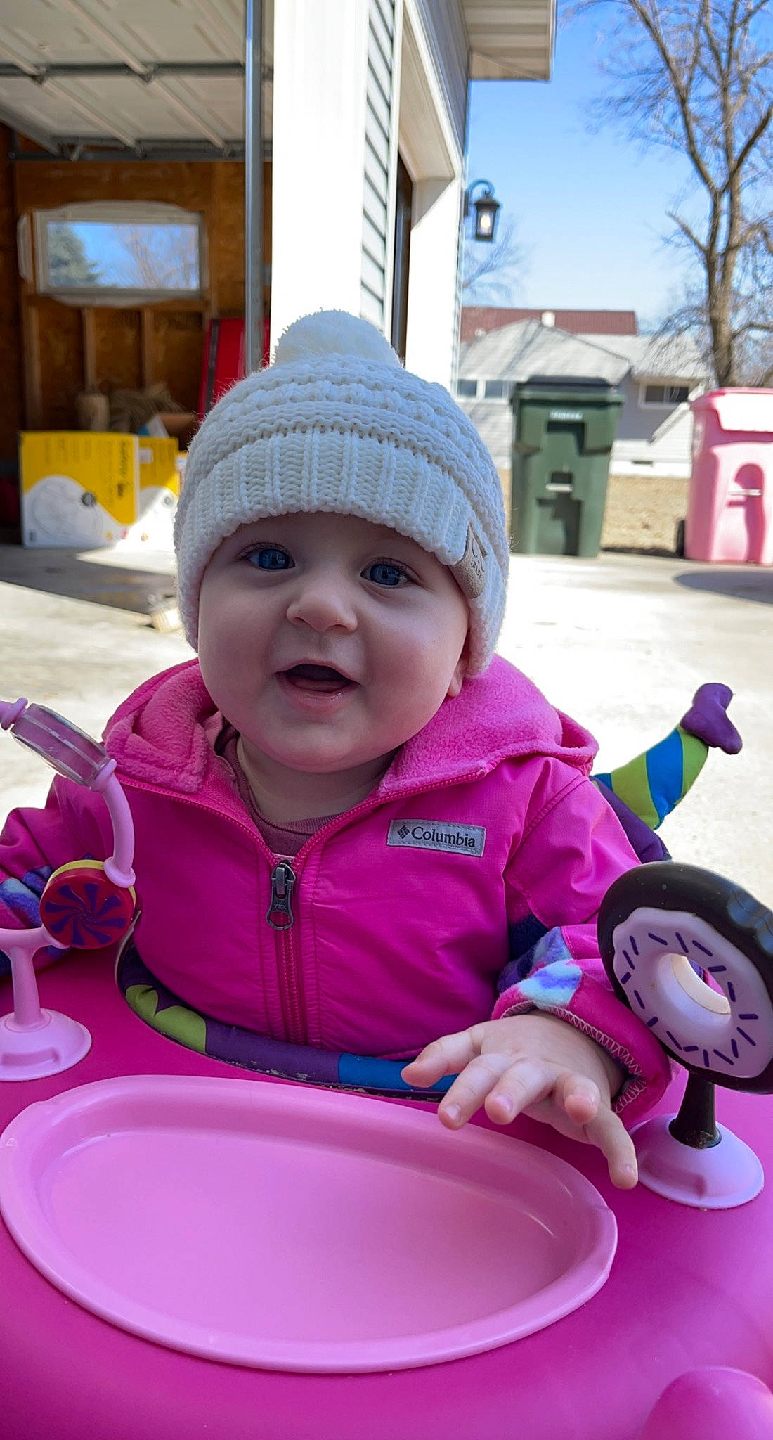 Georgia joined the competition — help win amazing prizes! baby, baby_toddler_clothing, beauty, cap, cheek, child, facial_expression, fun, headwear, jacket, person, photograph, pink, purple, skin, sky, sleeve, snapshot, snow, toddler