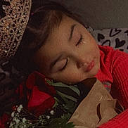 Kamilah is registered to the contest to win money with this photo: bouquet, child, clothing, cozy, cute, face, flower, greenery, hand, hugging, indoor, peaceful, portrait, red, resting, rose, sleeping, tiara, warm, young