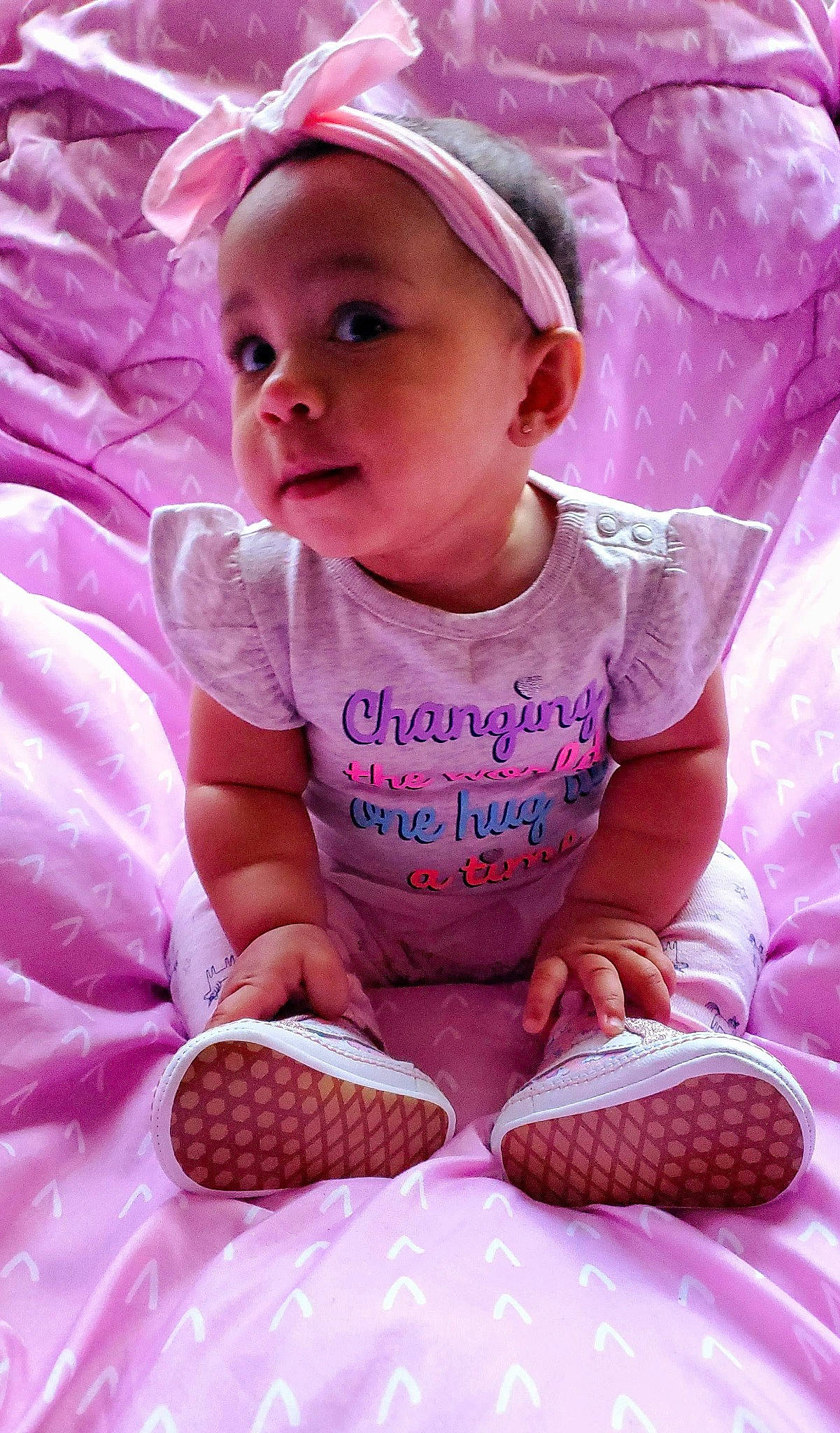 Inaya joined the competition — help win amazing prizes! baby, baby_toddler_clothing, cheek, child, comfort, facial_expression, finger, happy, lip, magenta, mouth, nose, organ, person, pink, purple, skin, textile, toddler, violet