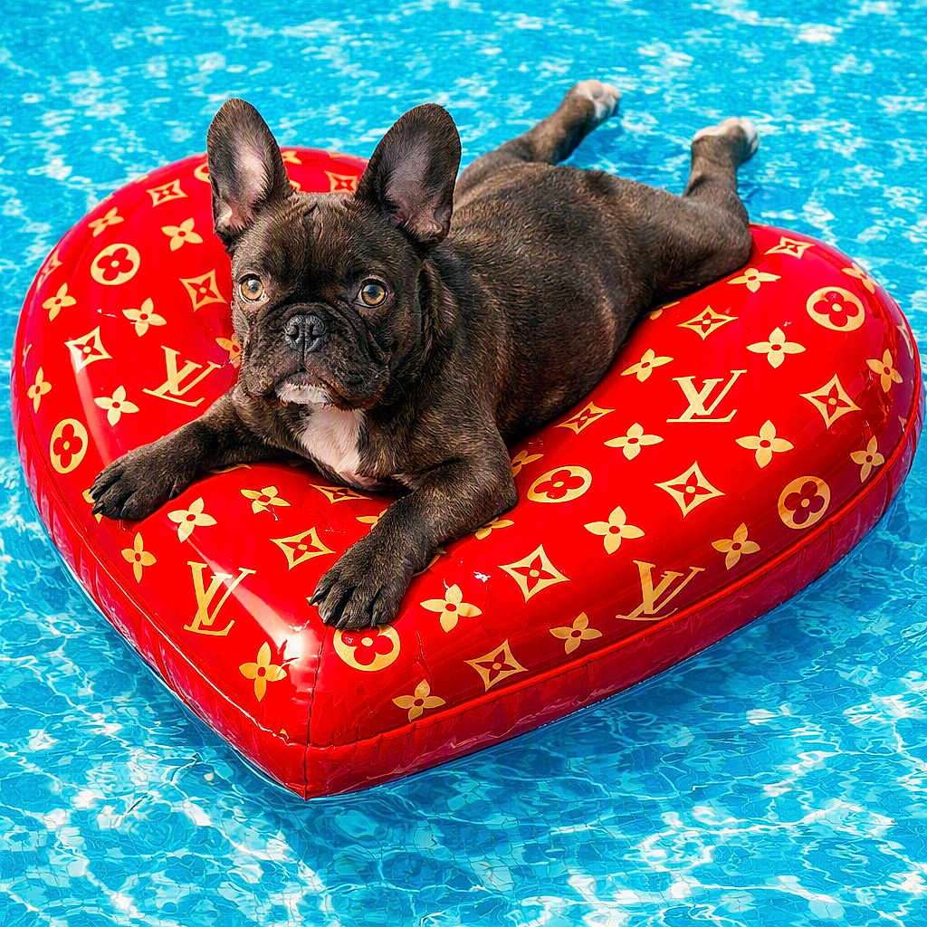 Diggie Smalls is registered to the contest to win money with this photo: ai_generated, animal, designer_pattern, dog, fashion, float, french_bulldog, heart_shaped, inflatable, luxury, outdoor, pet, pool, portrait, puppy, red, sunny, swimming_pool, text_overlay, water