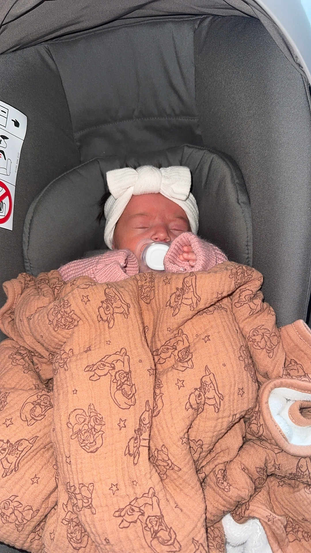 Romy participe au concours pour gagner de l'argent avec cette photo : baby, infant, car_seat, blanket, pacifier, headband, sleeping, cozy, cute, child, indoors, soft, fabric, comfort, peaceful, bundle, warm, resting, pink, accessory