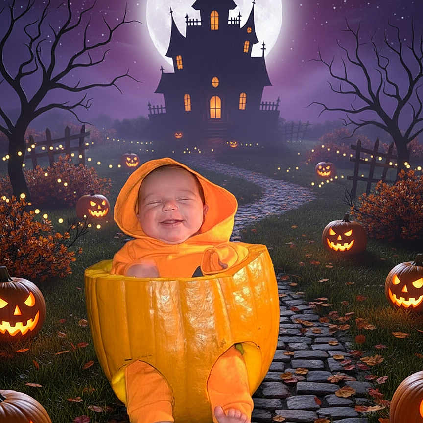 Gracyn joined the competition — help win amazing prizes! baby, bare_feet, child, cobblestone_path, costume, dark_sky, festive, glowing, halloween, haunted_house, holiday, jack_o_lantern, leaves, moon, night, orange_clothing, pumpkin, smiling, spooky, tree