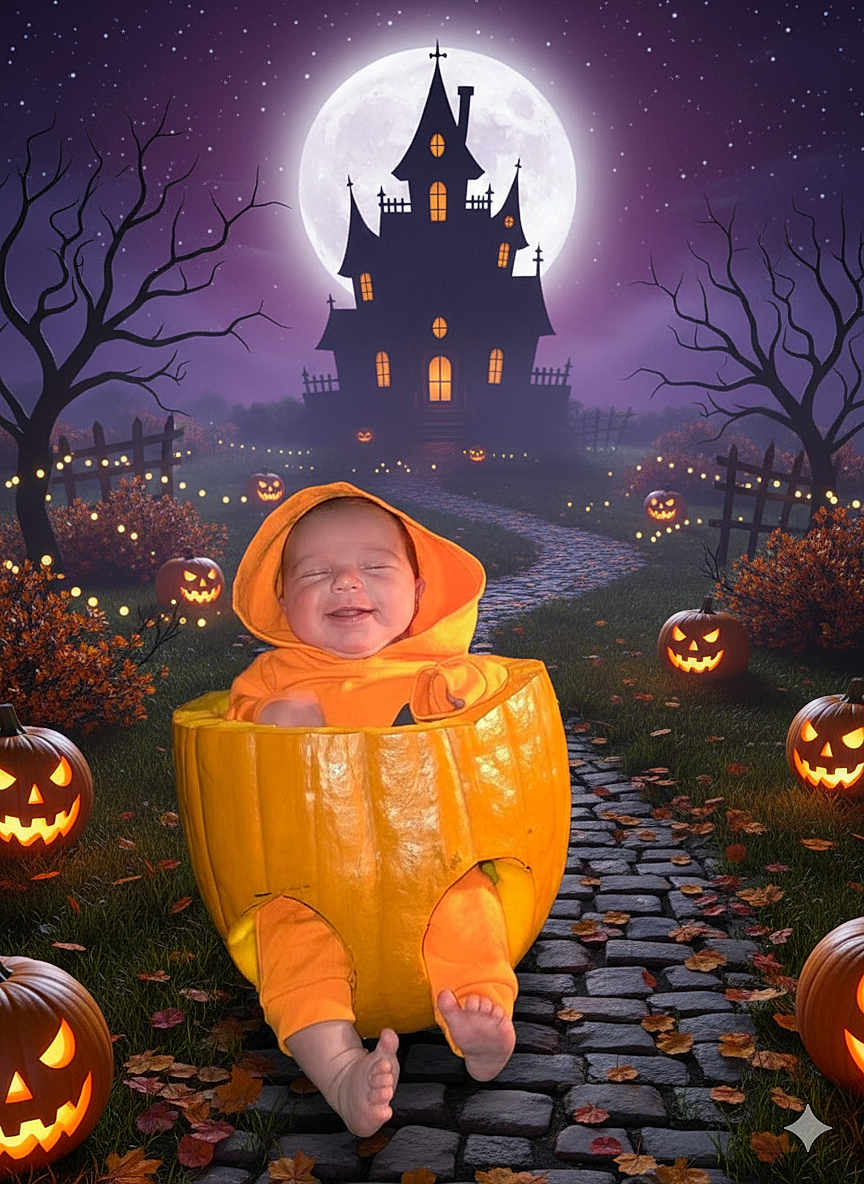 Gracyn joined the competition — help win amazing prizes! baby, pumpkin, costume, halloween, jack_o_lantern, spooky, haunted_house, moon, night, glowing, cobblestone_path, smiling, child, orange_clothing, bare_feet, tree, leaves, dark_sky, holiday, festive
