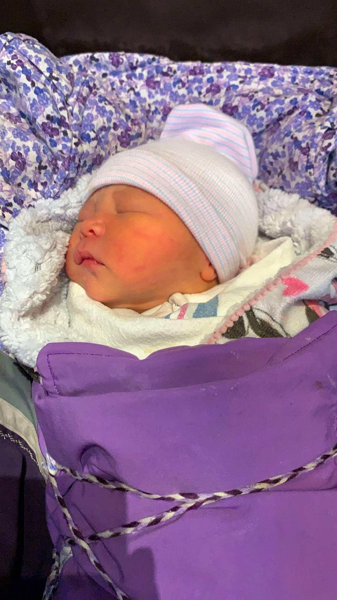 Olivia joined the competition — help win amazing prizes! baby, baby_products, baby_safety, baby_sleeping, baby_toddler_clothing, cap, cheek, child, comfort, eye, head, headgear, headwear, knit_cap, linens, magenta, person, pink, purple, sleeve