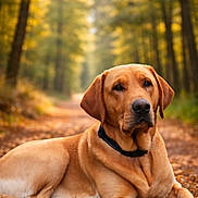 Mister Tank Tank is registered to the contest to win money with this photo: dog, labrador, golden_retriever, forest, autumn, leaves, path, outdoor, nature, animal, pet, canine, relaxed, lying_down, collar, tree, fall, sunlight, woods, scenery