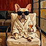 Luna is registered to the contest to win money with this photo: dog, french_bulldog, bathrobe, sunglasses, glass, chair, interior, window, wood_paneling, cushion, relaxing, painting, art, cozy, pet, portrait, indoor, decor, luxury, leisure