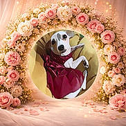 Willow Skye joined the competition — help win amazing prizes! dog, pet, rose, floral_wreath, pink_flowers, petals, dress, portrait, circular_crop, centered_subject, cute, paws, eyes, looking_up, cozy, cushion, romantic, decorative, stylized_filter, celebration