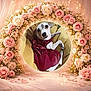 dog, pet, rose, floral_wreath, pink_flowers, petals, dress, portrait, circular_crop, centered_subject, cute, paws, eyes, looking_up, cozy, cushion, romantic, decorative, stylized_filter, celebration