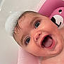 baby, bath, foam, pink, bathtub, water, child, happy, smiling, face, skin, wet, blue_eyes, head, cute, infant, playful, foam_hat, tub, joyful
