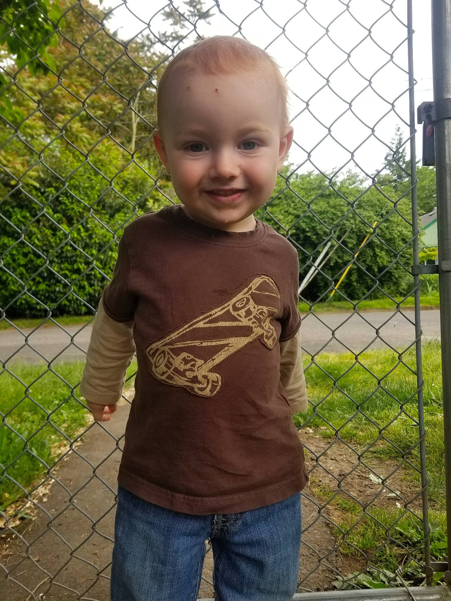 Anthony is registered to the contest to win money with this photo: child, face, fence, grass, head, joy, leaf, person, plant, sleeve, smile, t_shirt, toddler, tree, vacation