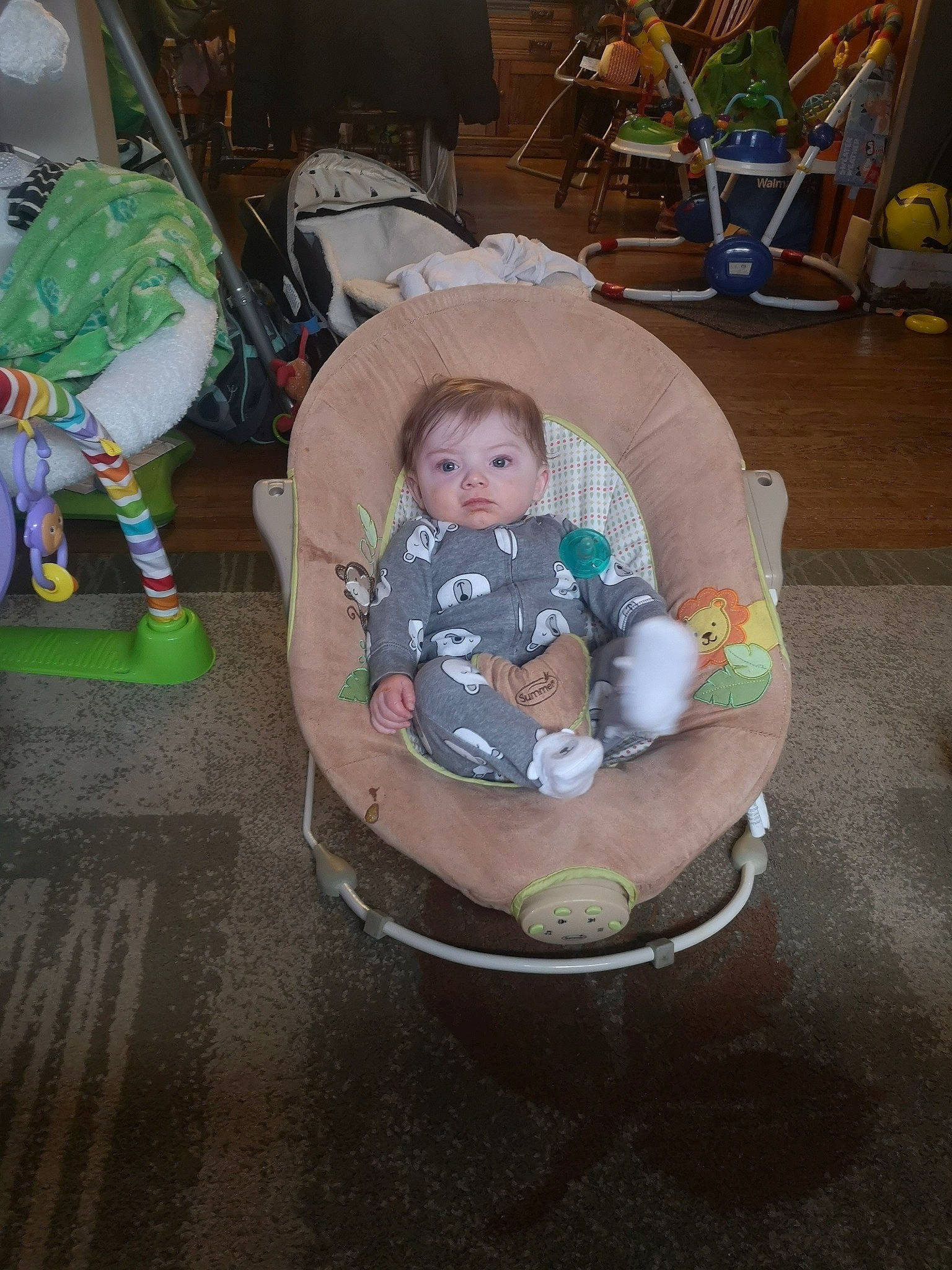 Bentley is registered to the contest to win money with this photo: baby, baby_carriage, baby_products, baby_toddler_clothing, baby_toys, bib, chair, child, comfort, fun, lap, person, room, sitting, stuffed_toy, toddler, toy