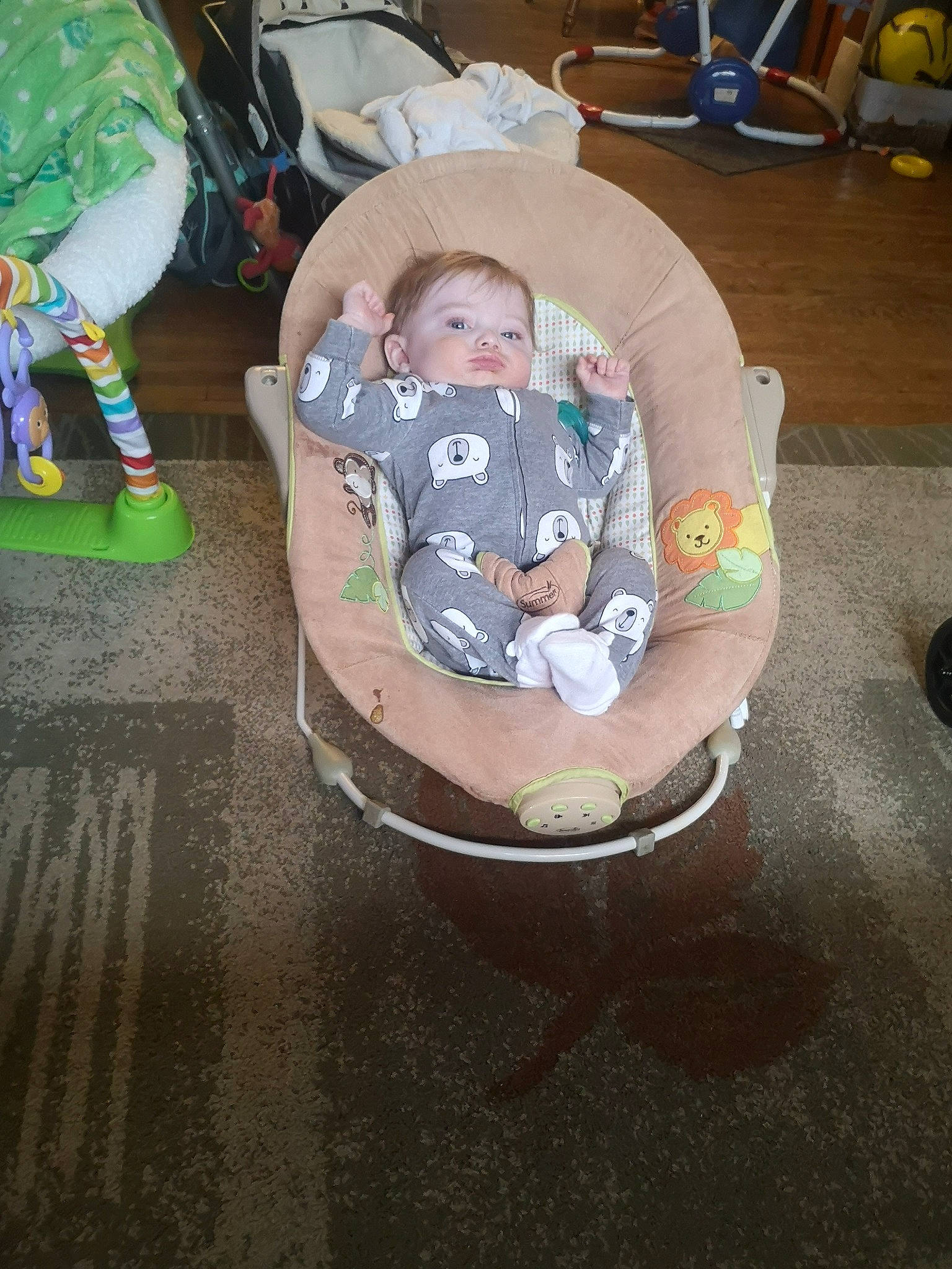 Bentley is registered to the contest to win money with this photo: baby, baby_carriage, baby_products, baby_toddler_clothing, baby_toys, chair, child, comfort, flooring, fun, head, infant_bed, lap, person, room, sitting, toddler, toy