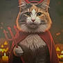 cat, costume, devil_horns, cape, pitchfork, halloween, jack_o_lantern, candle, orange, black_background, cute, fluffy, pet, animal, portrait, indoor, holiday, funny, festive, feline