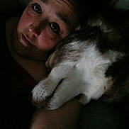 Nola joined the competition — help win amazing prizes! person, dog, face, snuggling, closeup, cozy, intimate, pet, companion, dark, indoor, portrait, animal, cuddle, friendship, relaxation, expression, bond, love, comfort