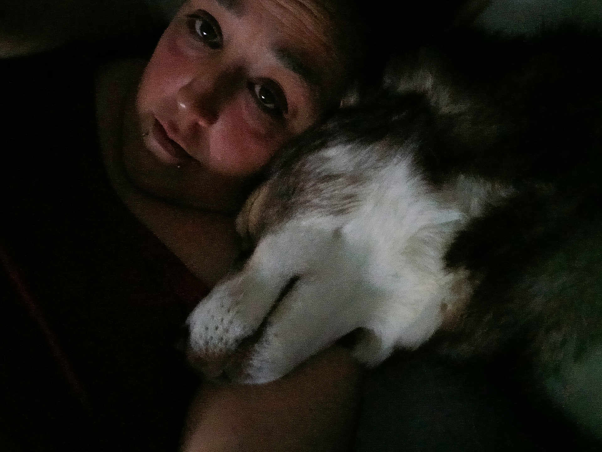 Nola joined the competition — help win amazing prizes! person, dog, face, snuggling, closeup, cozy, intimate, pet, companion, dark, indoor, portrait, animal, cuddle, friendship, relaxation, expression, bond, love, comfort