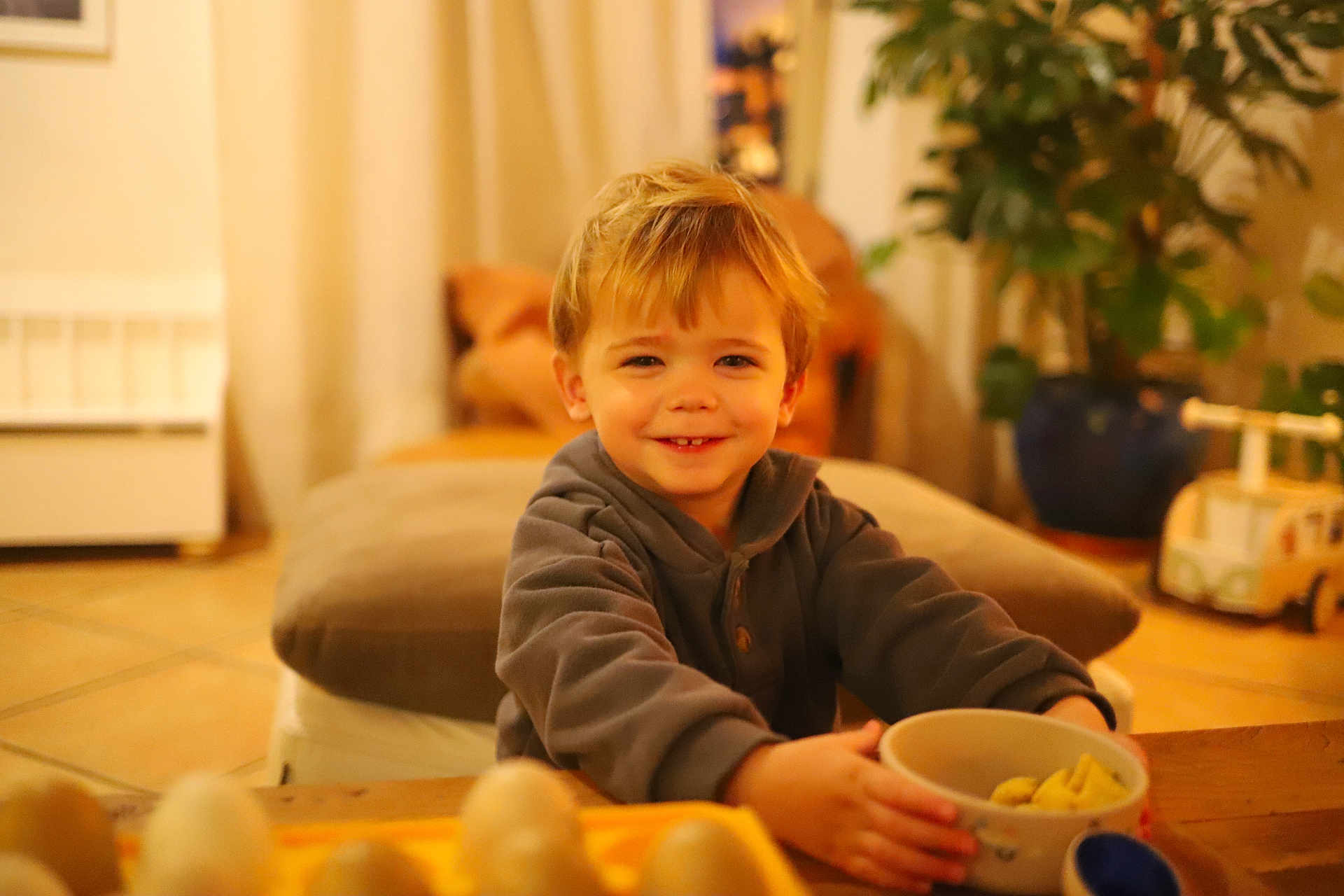 Gabin a rejoint le concours — aidez-le/la à gagner de superbes lots ! toddler, child, smile, bowl, table, indoor, cozy, warm_lighting, toy, plant, wooden, home, casual_clothing, happy, portrait, cute, face, hair, living_room, furniture