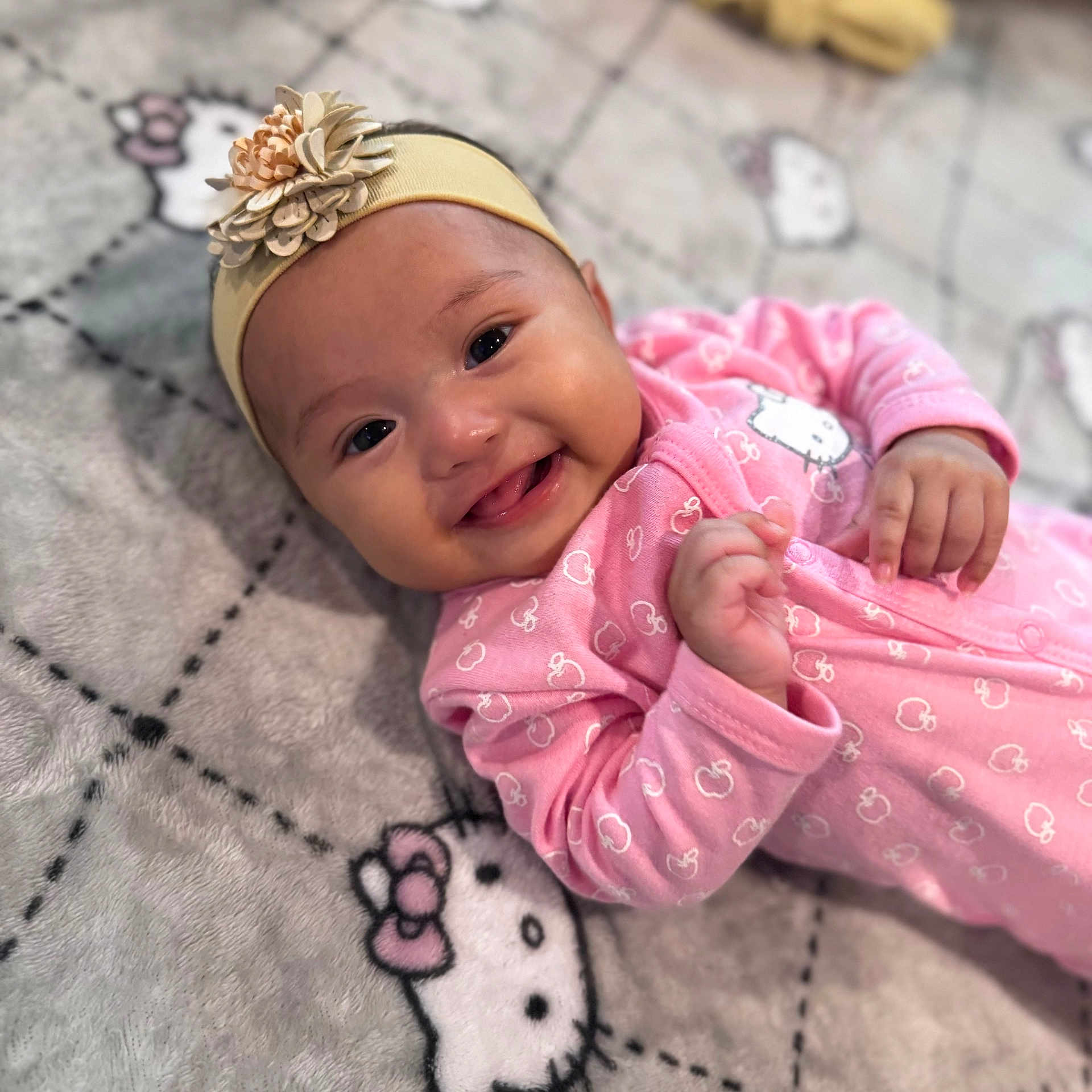Renesmaé joined the competition — help win amazing prizes! accessories, baby, babylaughing, bodypart, bonnet, clothing, dimples, face, finger, hand, happy, hat, head, headband, person, photography, portrait, sitting, sleeve, smile